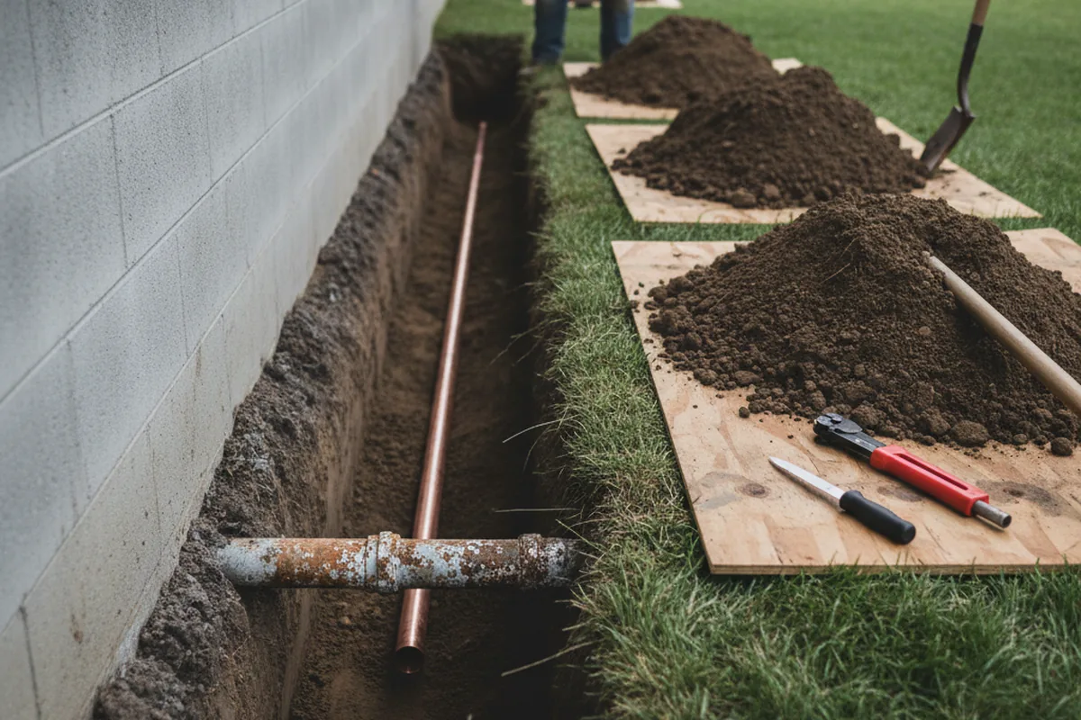 Excavated water line trench during Water Heater Repair in Teaneck